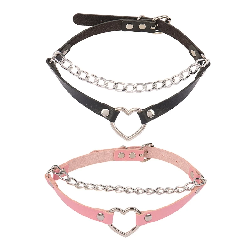 

New style Heart Shaped Link Choker Punk Metal Chain Choker Adjustable PU Leather Collar
