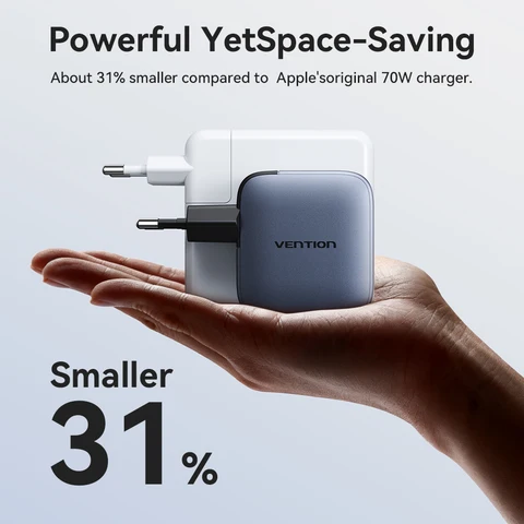 Зарядное устройство Vention 70W GaN с быстрой зарядкой Quick Charge 3.0 USB-C для iPhone 17 16 15 Pro, iPad, Macbook Air, планшетов, быстрое зарядное устройство PD Type-C
