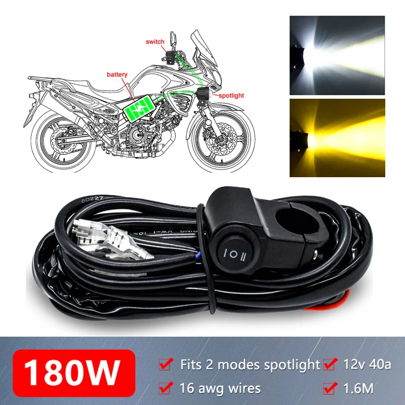 

Light Bar Wiring Harness Motorcycle Handlebar Switch 1.6M 16AWG 3 Leads Universal Fog Light Harness Kit 180W 12V Relay 40A Fuse