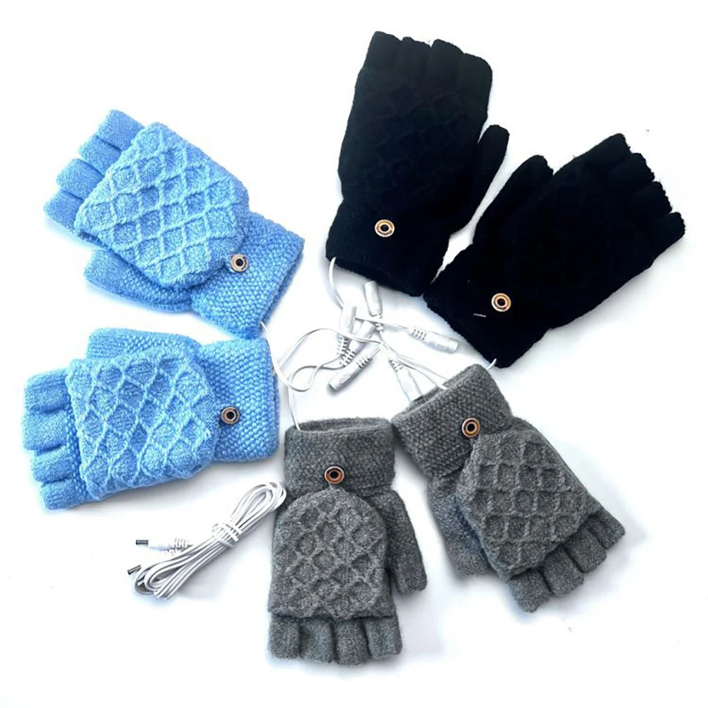 

USB Electric Heated Gloves 2-Side Heating Convertible Fingerless Glove Knitted Mittens Adjustable Heat Waterproof Cycling Skiing