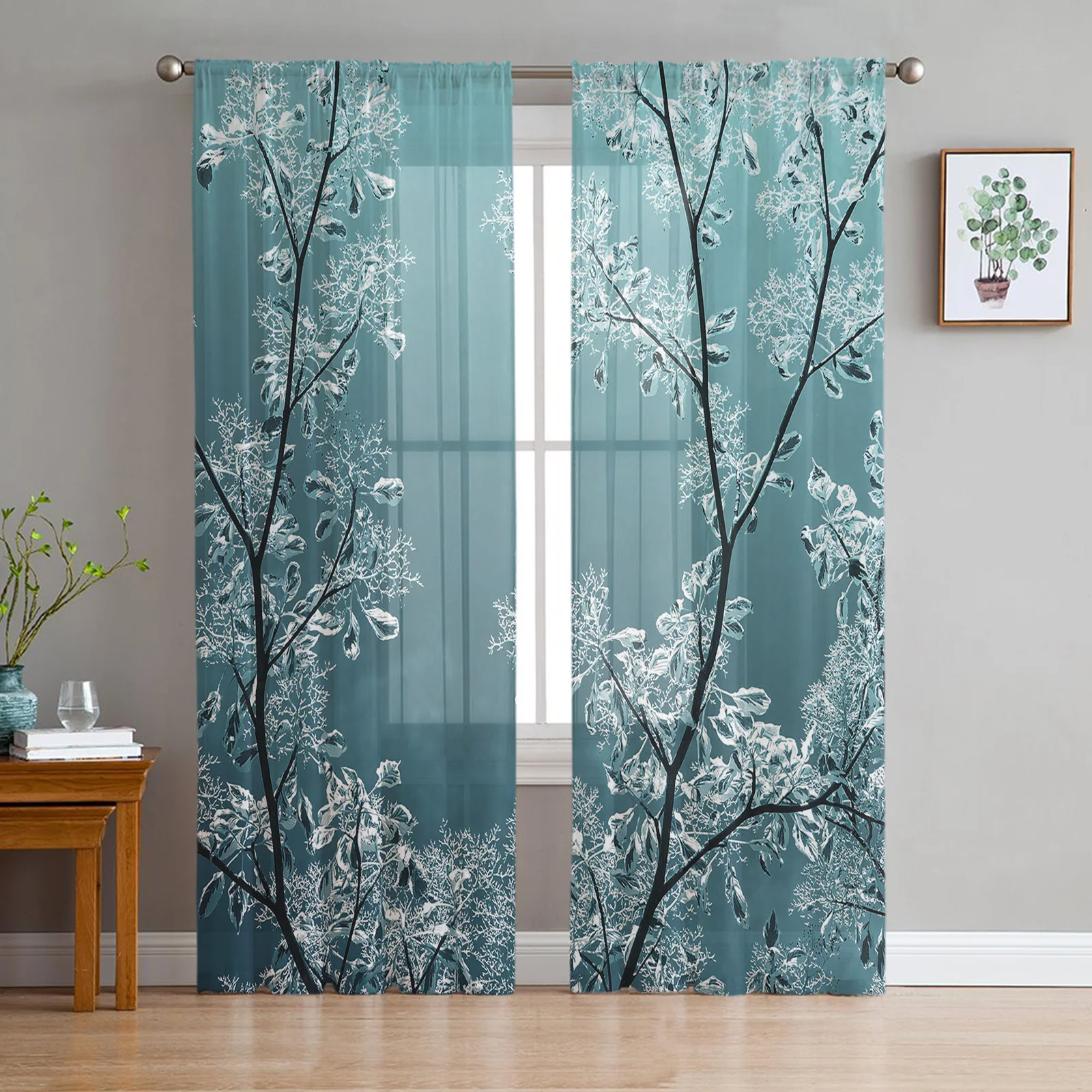 

Тюлевые шторы с зимними деревьями, снежинками, голубыми, для гостиной, занавески для спальни, дома, кухни, гостиницы, тюлевые шторы, текстиль...