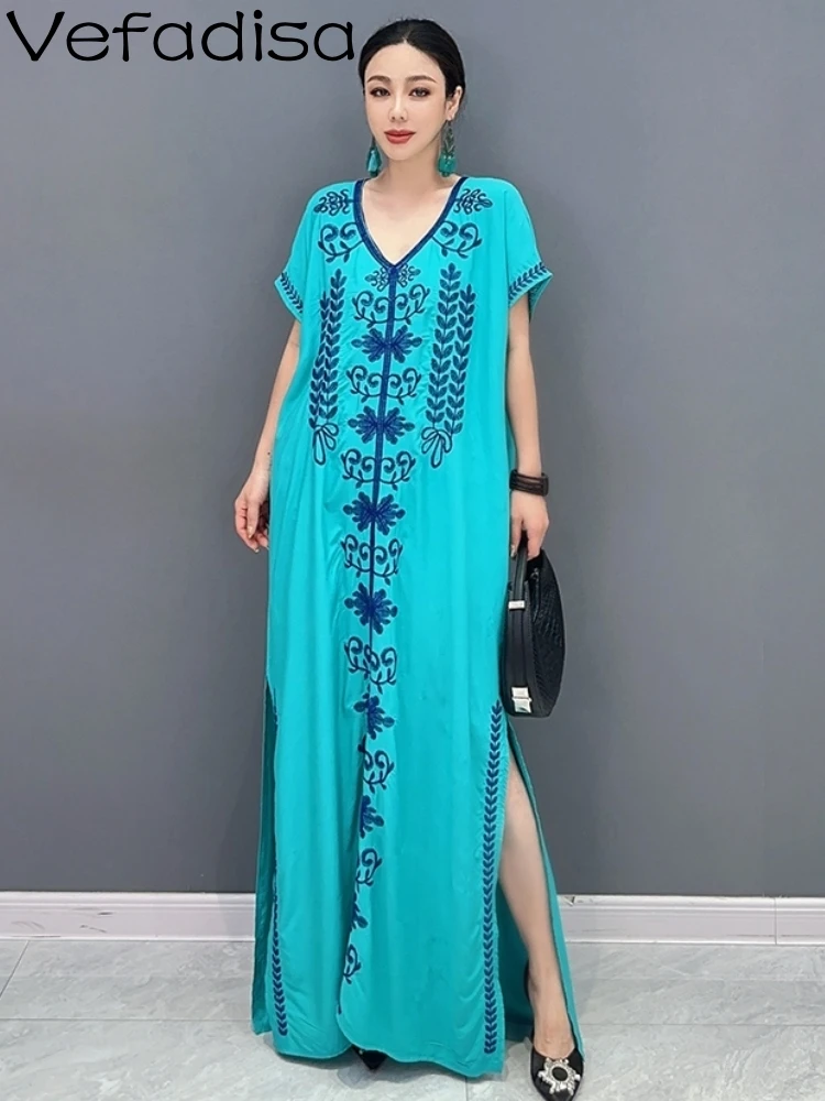 

Женское повседневное свободное платье Vefadisa, модель ZY1837 на лето, с V-образным вырезом и принтом, Элегантное синее платье для девушек, 2023