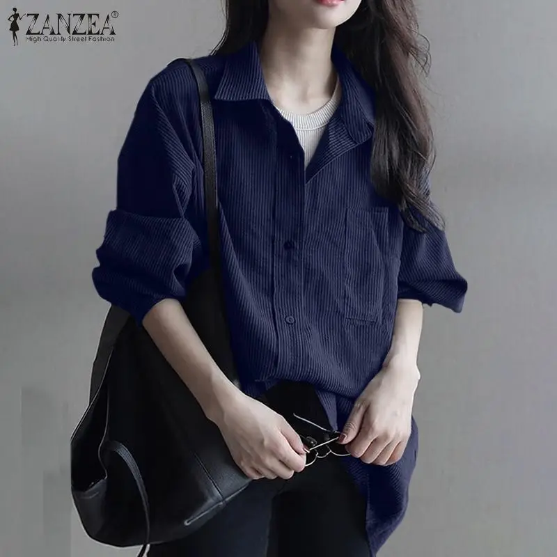 

ZANZEA Spring Women Loose Full Sleeved Blouse Plain Tops Collared Button Holiday Elegant Casual Loose Shirt Oversized Vintage