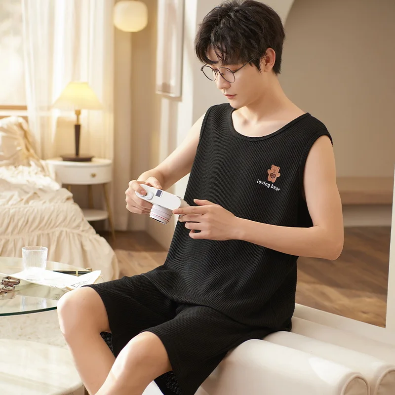 Hot Summer Style New Men Pajama Sets Cotton Breathable Soft Home Lounge Causual Sleevess Shirt Male Sleepwear