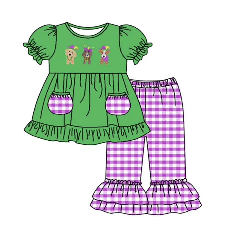 

Autumn and winter children's clothing girls suit carnival purple plaid suit mask baby boutique Mardi Gras suit