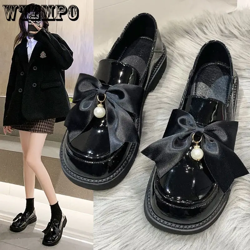 

WTEMPO Spring Shoes Female British Style Leather Shoes College Style Casual Loafers Girls Ribbon Bow Fashion Shoes Dropshipping
