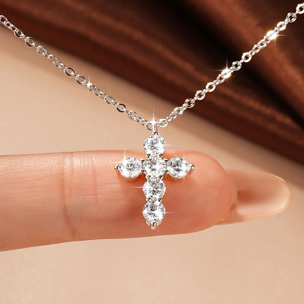 Фото Классическое ожерелье Anziw с крестом из позолоченного золота 14K для женщин, круглый муассанит 3.5мм D VVS1, регулируемая цепочка, ювелирное изделие, сертифицировано №3