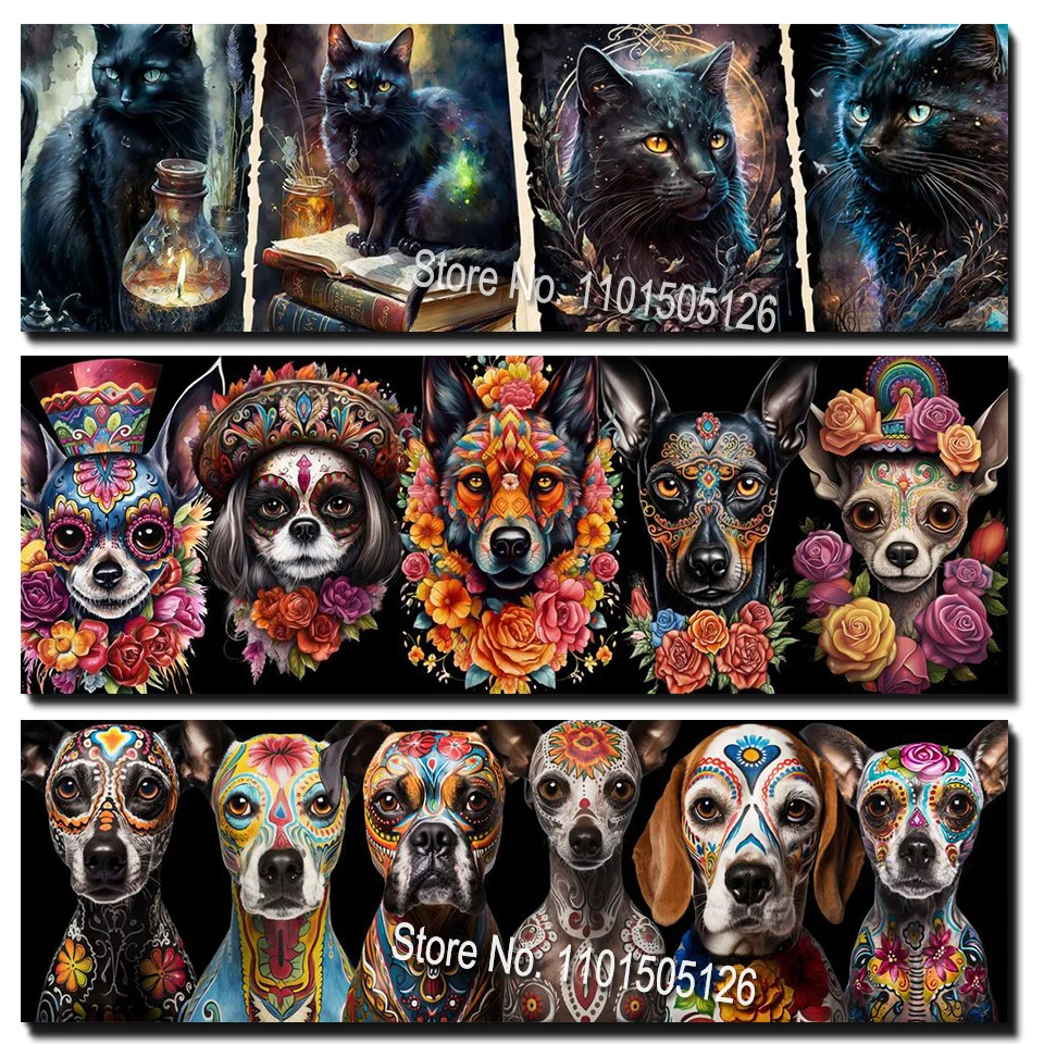 

Большая Алмазная мозаика 5D "сделай сам", череп чихуахуа, лицо, алмазная живопись, волшебный Черный кот, полная вышивка крестиком, Хэллоуин, фестивали