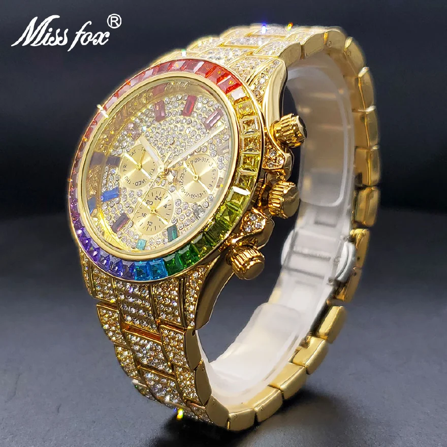 

Men Luxury Watch With Rainbow Diamond Glittery Iced Quartz Watches For Man Hip Hop Auto Stylish Calendar Hand Clock High Quality