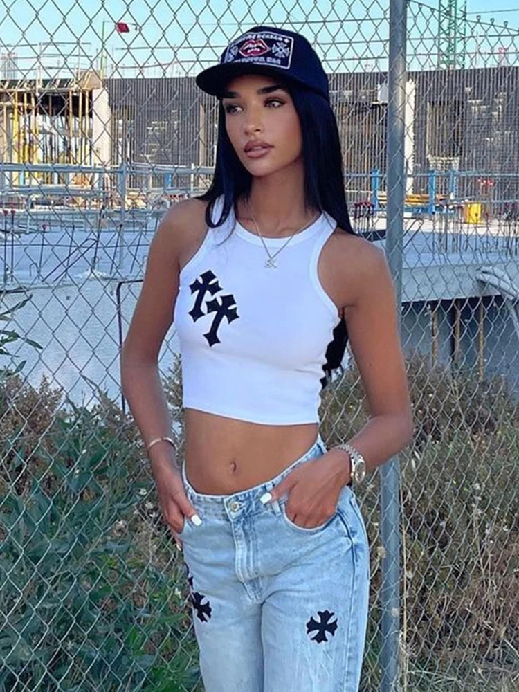 

2022 Y2K Cross Print Crop Top Women Fashion Sleeveless O-Neck Basic Slim Vest Tee Cool Girls Streetwear Vintage Gothic Tanks