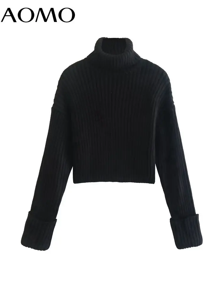 

Женская Толстая теплая водолазка AOMO, черный укороченный вязаный свитер, джемпер, женские элегантные пуловеры AB118A