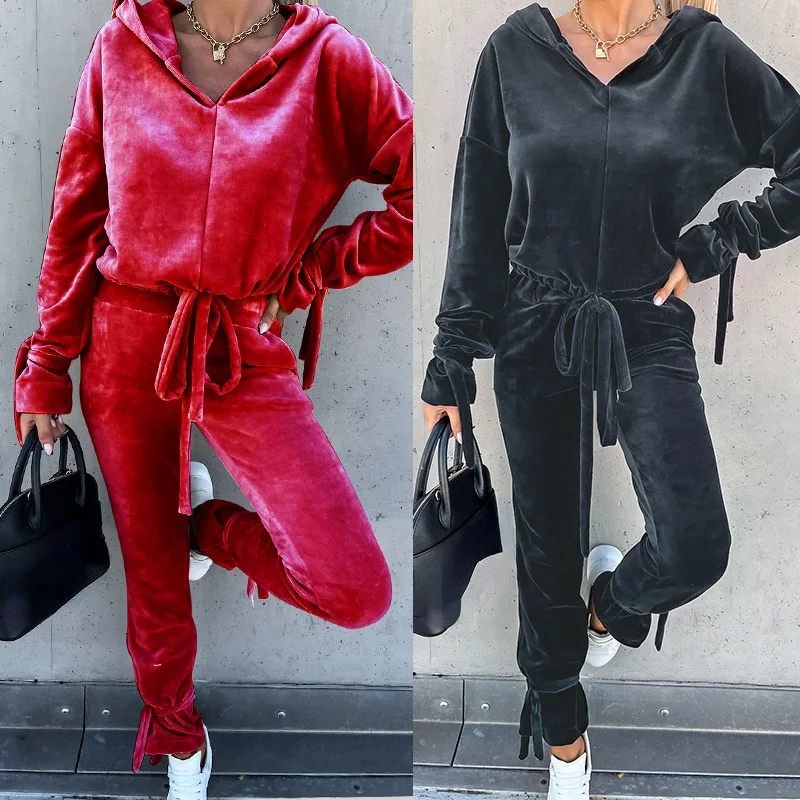 

2022 Autumn Women Two Piece Gold Velvet Set Fashion Casual New Women's Long Sleeve V-neck Hoodie Tops Sportswear Tracksuit Sets