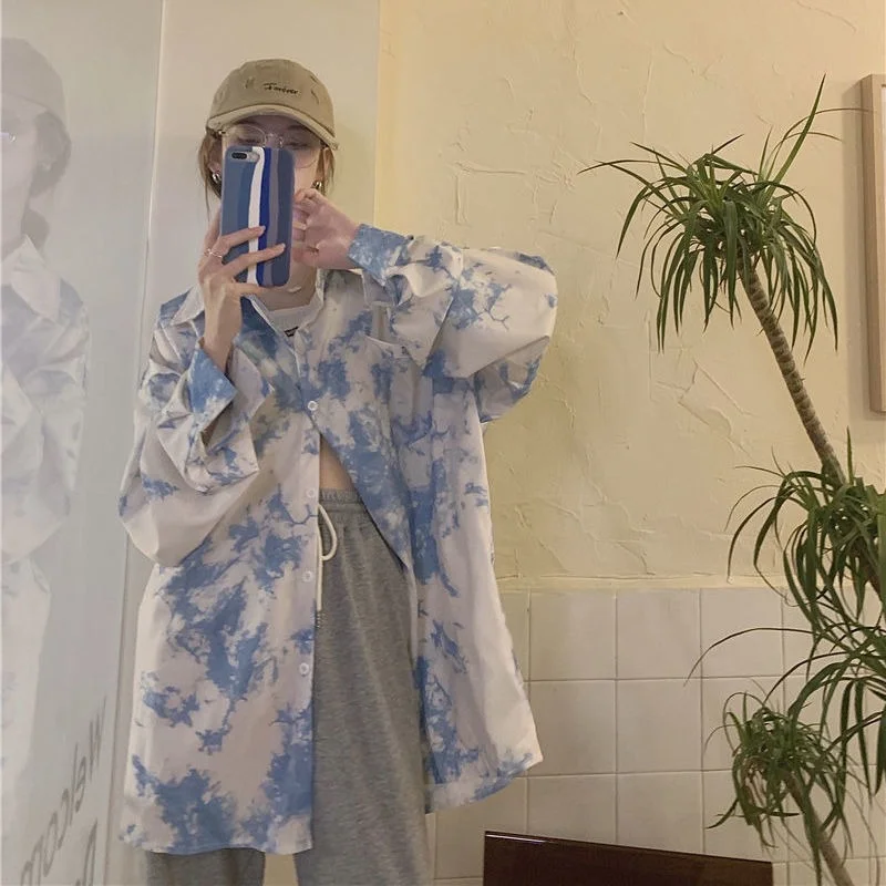 

QWEEK Women's Blouses Harajuku Streetwear Preppy Style White Shirt Sweet Oversized Long Sleeve Top Tie Dye Loose Chic Coo.trend