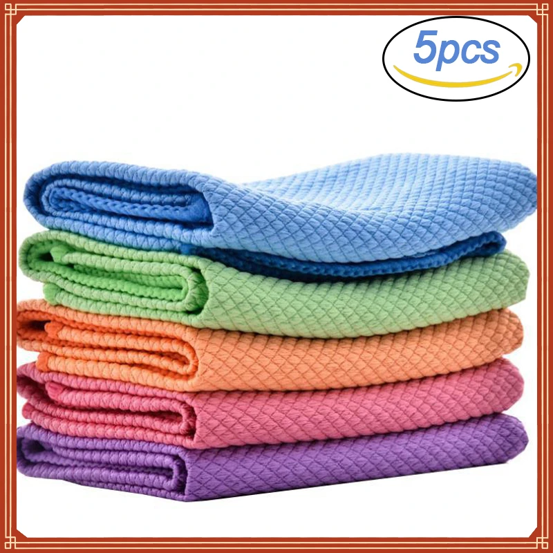 

New in 5Pcs Kitchen Cleaning Towel Anti-Grease Wiping Rags Absorbable Fish Scale Wipe Cloth Glass Window Dish Cleaning Cloth chr