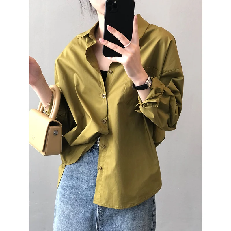 

solid lapel button up front shirts green white black spring long sleeve women blouse