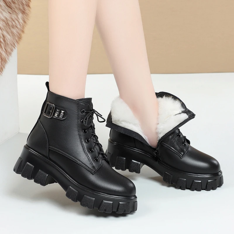 

Women Winter Boots Genuine Leather Shoes 2022 New Fashion Natural Wool Warm Boots Women Thick-soled Women's Ankle Boots