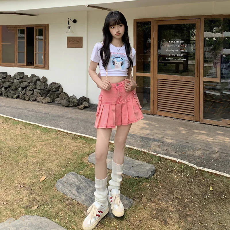 Мини-юбка в клетку стиле Харадзюку милая розовая трапециевидная юбка для косплея