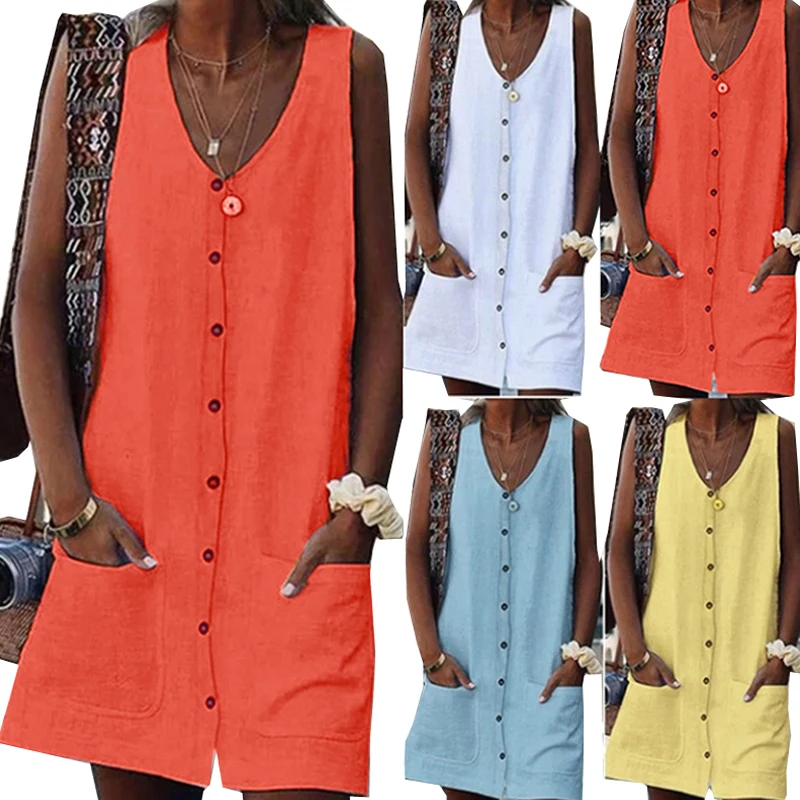 

Sundress Sleeveless Women Summer Dress 2022 Boho Style Sexy Vest Dress Mini Button Pockets Solid Beach Dress Female Vestidos