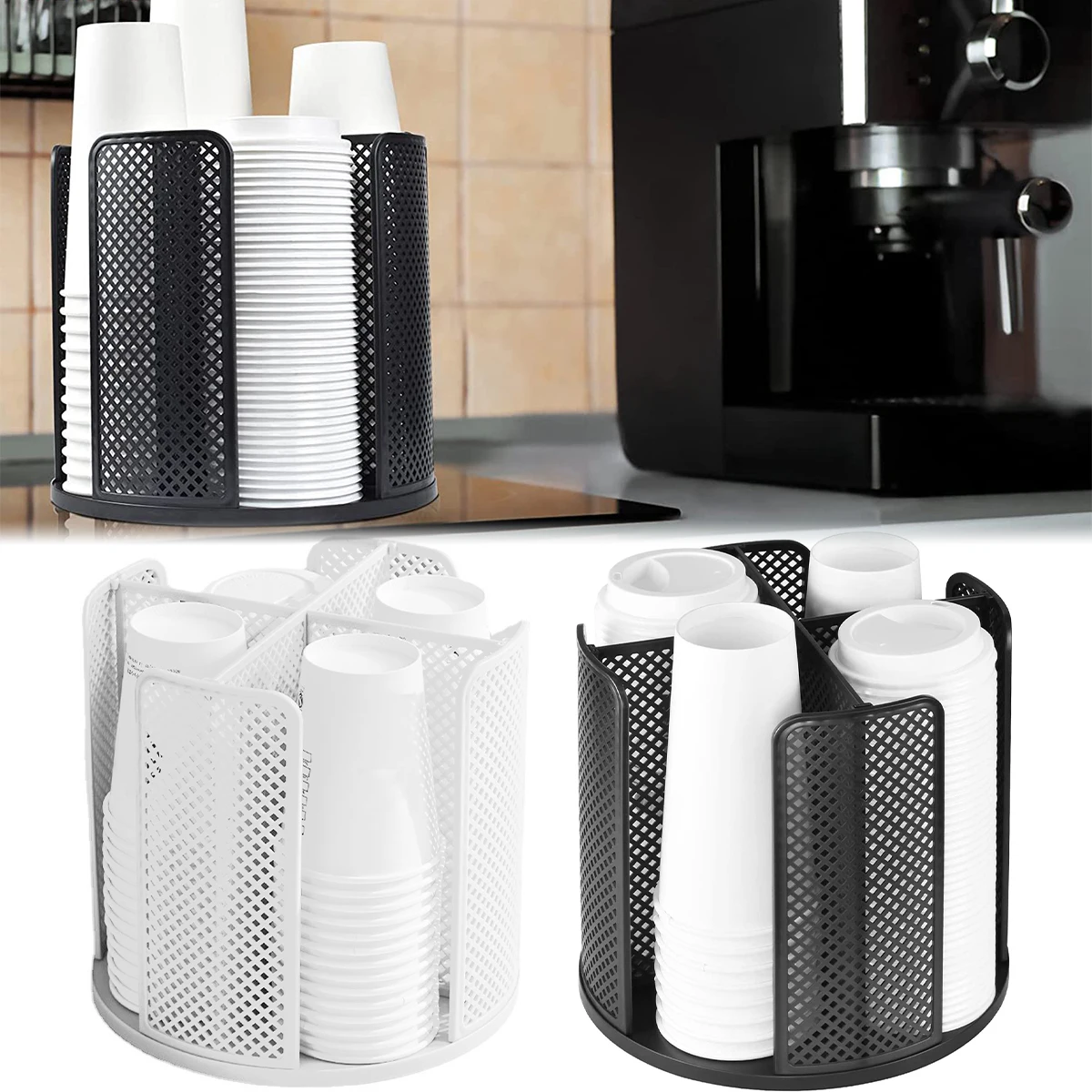 

Cup Dispenser 360° Rotatable 4 Compartment Cups and Lids Holder Detachable Desktop Coffee Cup Dispenser Multifunctional Cup