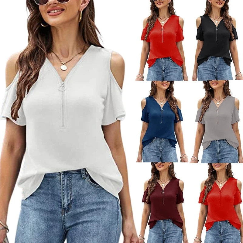 

Summer Women Cold Shoulder T-Shirt Fashion Casual Loose Fit Sexy Tunic Tops Short Sleeve Vneck-Zipper Blouses Tees