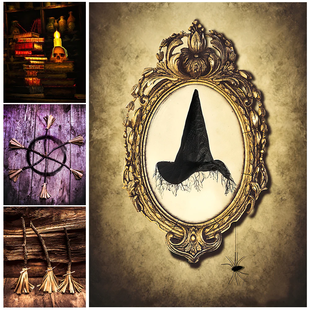 

Witch Brooms And Magic Book Vintage Wall Art Canvas Painting Potion Witch And Wizard Hat Retro Poster And Prints Home Decoration
