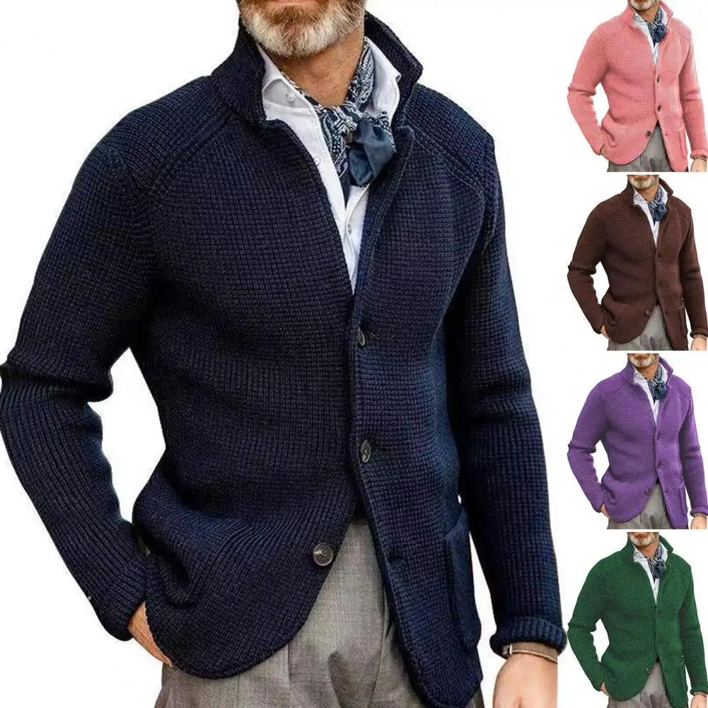 

Men's Sweater Cardigan Knitted Single Breasted Button Winter Stand Collar Cardigan Men Jackets Male British Style Sweater Coats