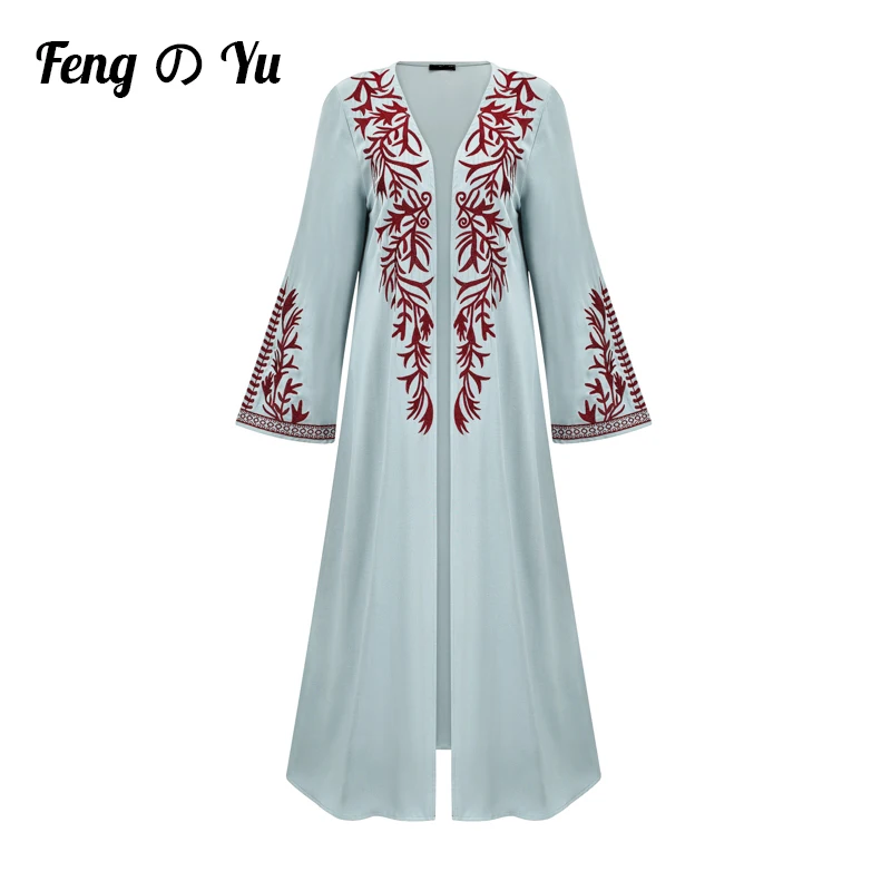Арабское однотонное платье, мусульманское платье с вышивкой и длинным рукавом, кардиган, кимоно небесно-голубого цвета, женское кимоно