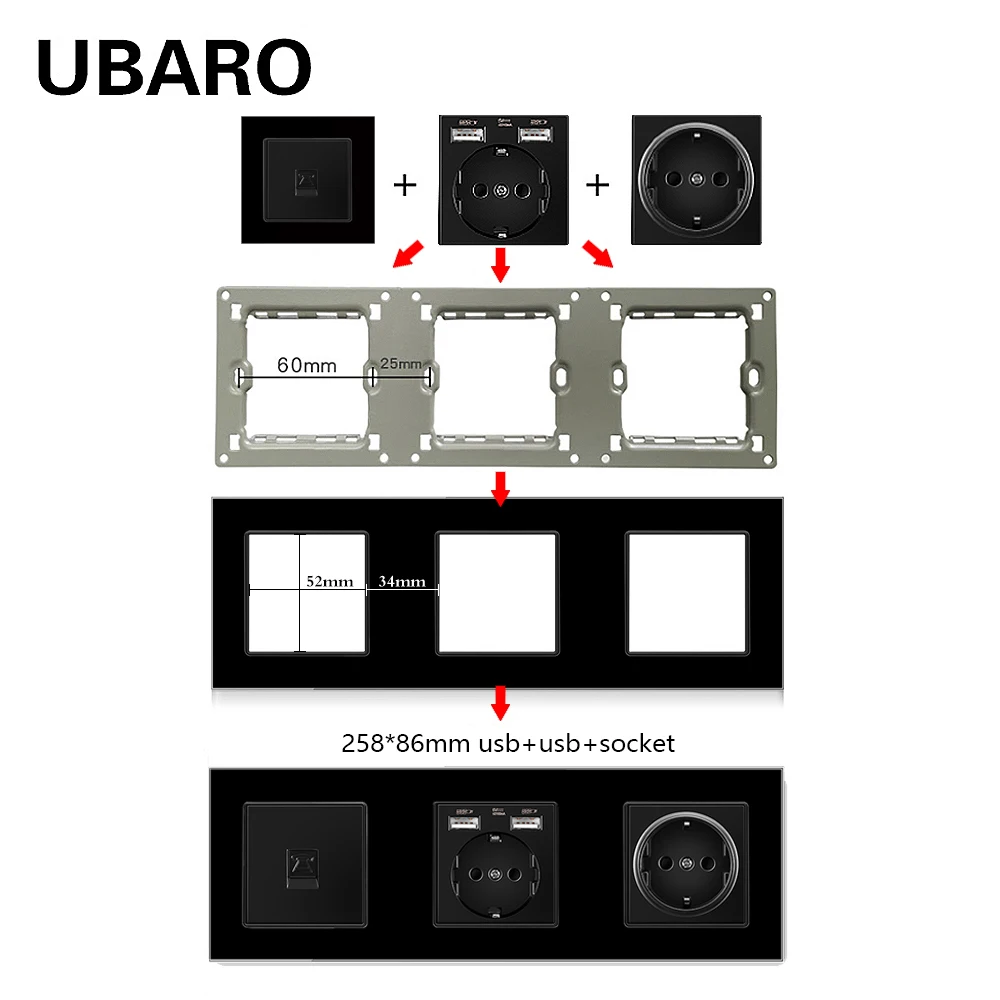 UBARO 258*86 мм стеклянная панель ЕС RJ45 RJ11 TV Type C и Usb 5 В 2100 мА домашняя настенная розетка