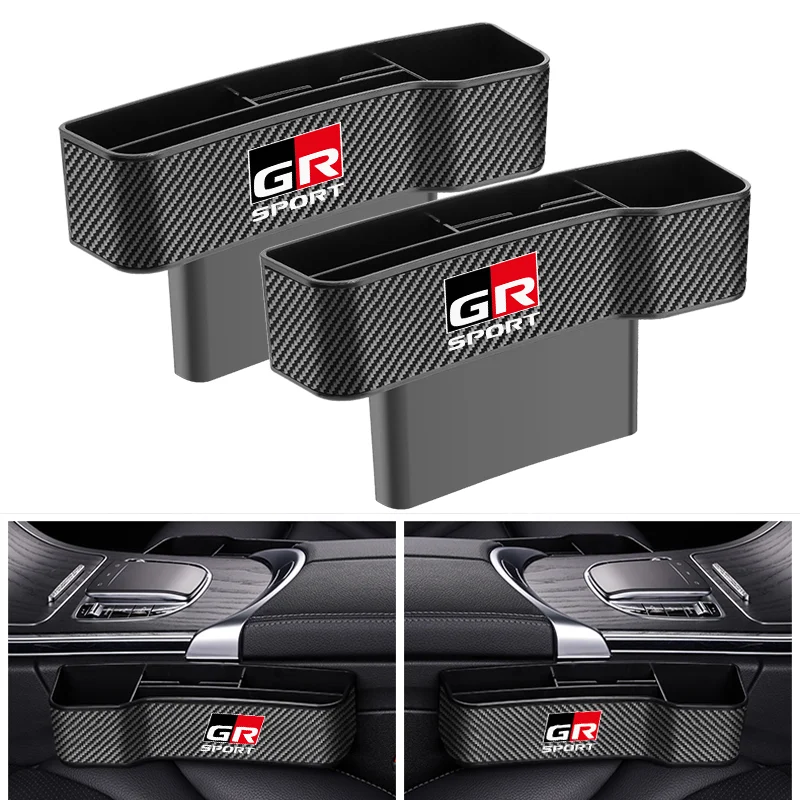 

Car carbon fiber Leather Seat Gap Storage Box Organizer With Logo For Toyota GR Sport C-HR RAV4 Gazoo Racing Mirai Avensis Prado