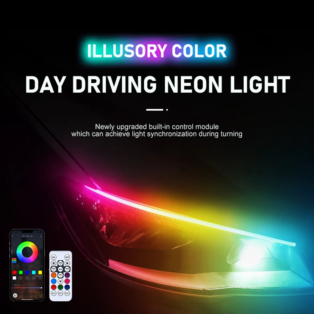 

2Pcs Car LED Neon Light DRL RGB Daytime Running Light APP&Remote Control Taillight Strip Colorful Flowing Turn Signal Waterproof