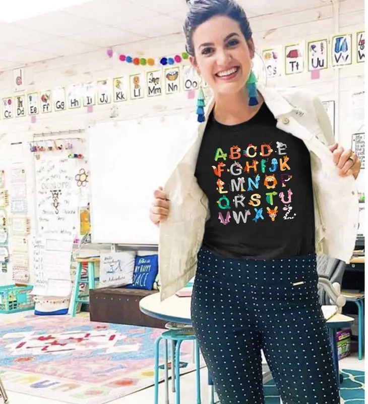 Women Teacher Shirts Teaching Tshirts Funny ABC Animals Alphabet Graphic Tee Cute Kindergarten Teachers Gift T Shirt