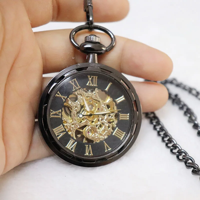 Luxury Bronze Mechanical Pocket Watch for Men Women Transparent Roman Numerals Case Dial Fob Chain Pendant Clock for Collection