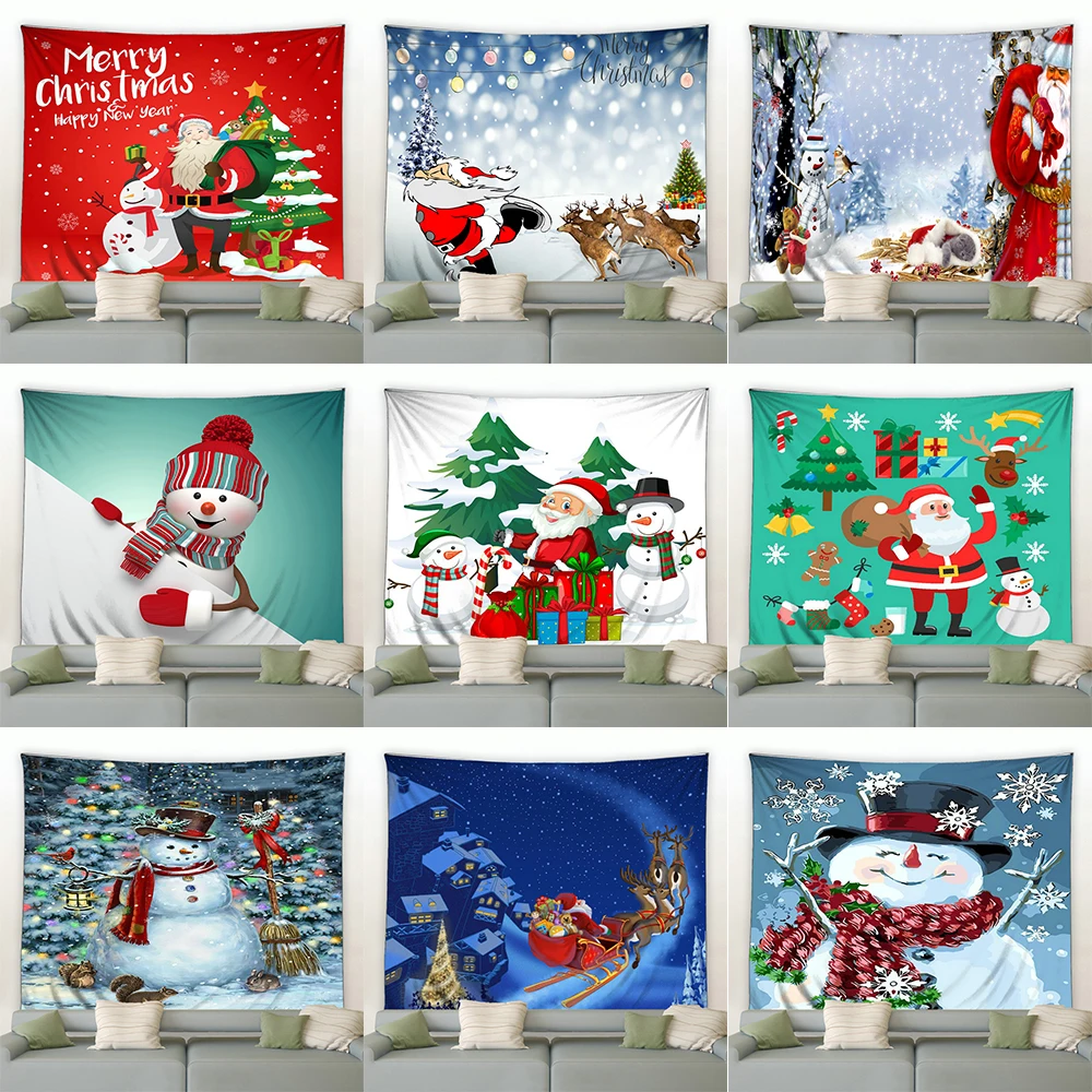 

Santa Claus Snowman Christmas Tree Print Pattern Tapestry Home Living Room Bedroom Wall Decoration Background Fabric Tapestry