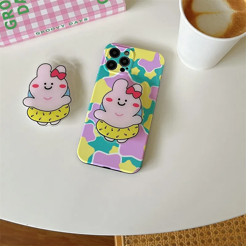 

Cute Colorful Color Block 3d Rabbit Folding Stand Phone Case For Iphone 11 12 13 Pro Max X Xr 7 8 Plus Se 2020 Girl Cover Capa