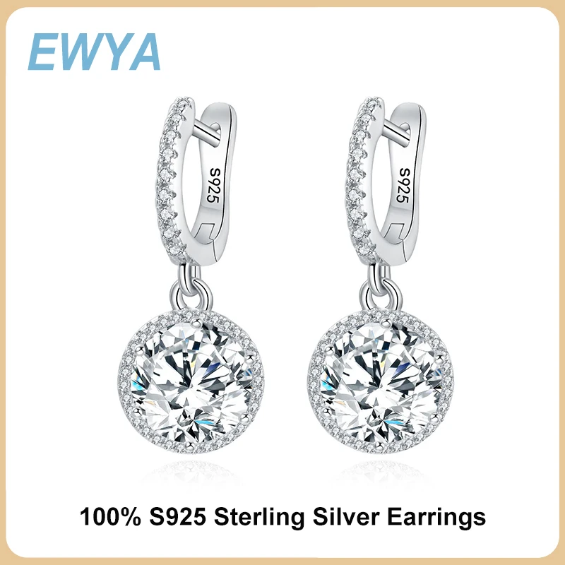 

EWYA 100% 925 Sterling Silver Zircon Earring Simple Round 5A High Carbon Diamond Drop Earrings For Women Party Fine Jewelry Gift