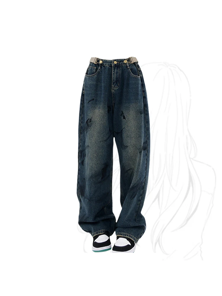

Женские винтажные джинсы с высокой талией, мешковатые брюки-бойфренды в стиле Харадзюку Y2k, уличная одежда, ковбойские прямые джинсовые брюки большого размера с широкими штанинами