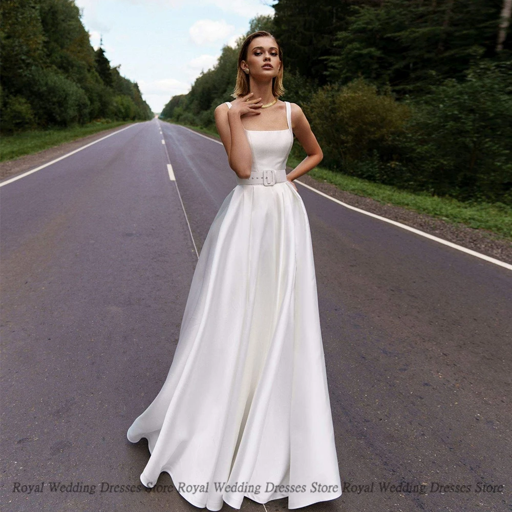 

Fashion A-line Satin Wedding Dresses Sash Boat Neck Draped Open Back 2022 Floor Length Print High Quality Gowns Robe De Ma