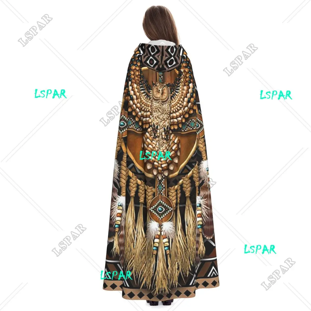 Mandala Owl Long Hooded Cloak Witch Medieval Costume Cosplay Cape HalloweenCoat Adult Unisex