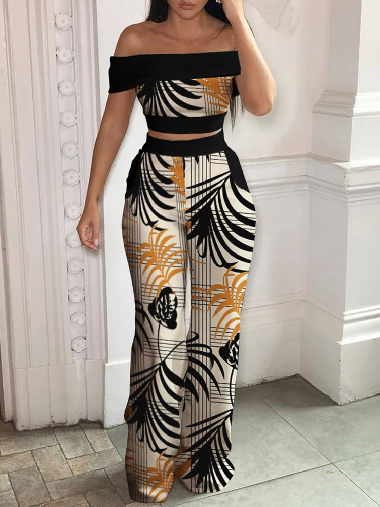 

New Fashion Holiday Commute Outfits Set Women Clothing Sexy Slash Neck Strapless Crop Tops + Wide-Leg Pants Trousers Print Suits