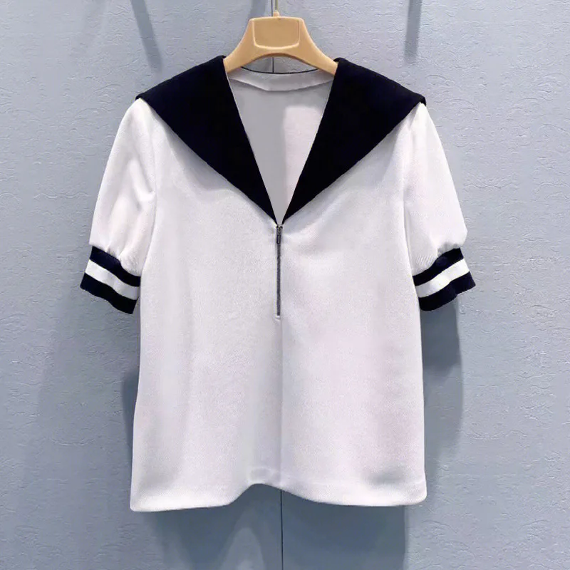 

2023 Summer New Style Ymiu Navy Neck White Pullover T-shirt Sweet Academy Versatile Contrast Short Sleeve Top Women Sets