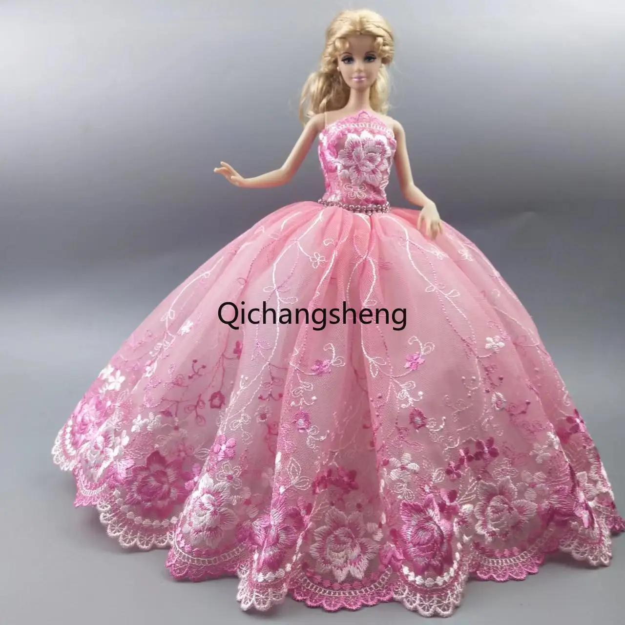

Pink 1/6 Doll Accessories for Barbie Clothes Floral Lace Wedding Dress for Barbie Dolls Outfits Wedding Party Gown 11.5" DIY Toy