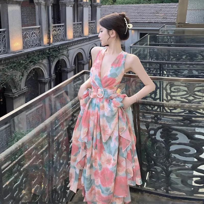 

Women's Dress Belt Off Shoulder Floor-Length Hollow Out Dresses Fairycore Neck-mounted Floral Print V-Neck Vestidos Dropship
