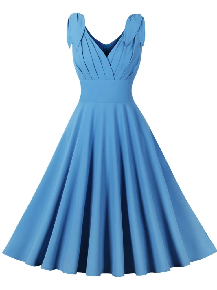 

Женское винтажное платье в стиле рокабилли, голубое однотонное платье-трапеция без рукавов, а-силуэт, элегантный повседневный и Пляжный наряд для женщин на лето 2019