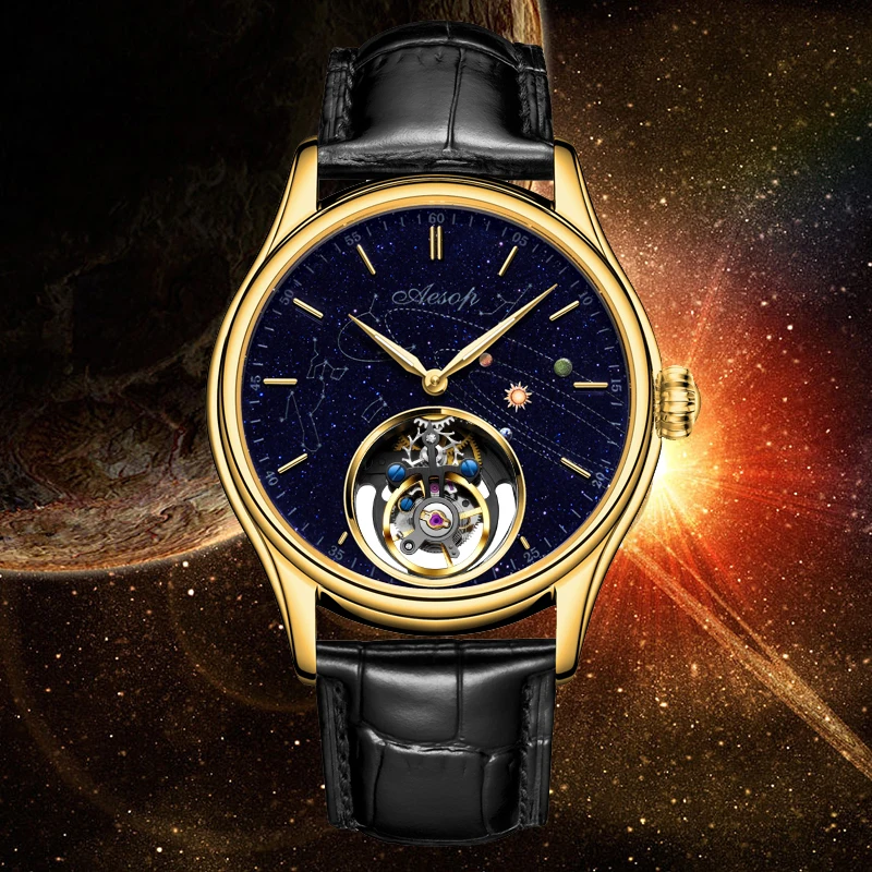 

AESOP Men Gold Flying Tourbillon Male Pilot Hollow Mechanical WristWatch Luxury Star Sky Sapphire Glass Manual Wind Steel Watch