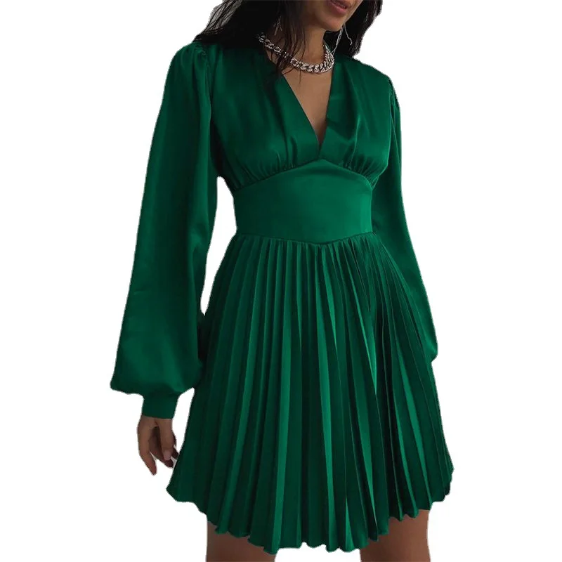 

Women's Solid Color Long Sleeve V-Neck Mini Pleated Dress Vintage CHIC Elegant Office Ladies OL A-line Dress High Waist Vestidos