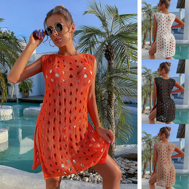 

Summer Fashion New Transparent Hollow Sleeveless Dress Women Bikini Cover Up Solid Color Slit Sexy Beachwear