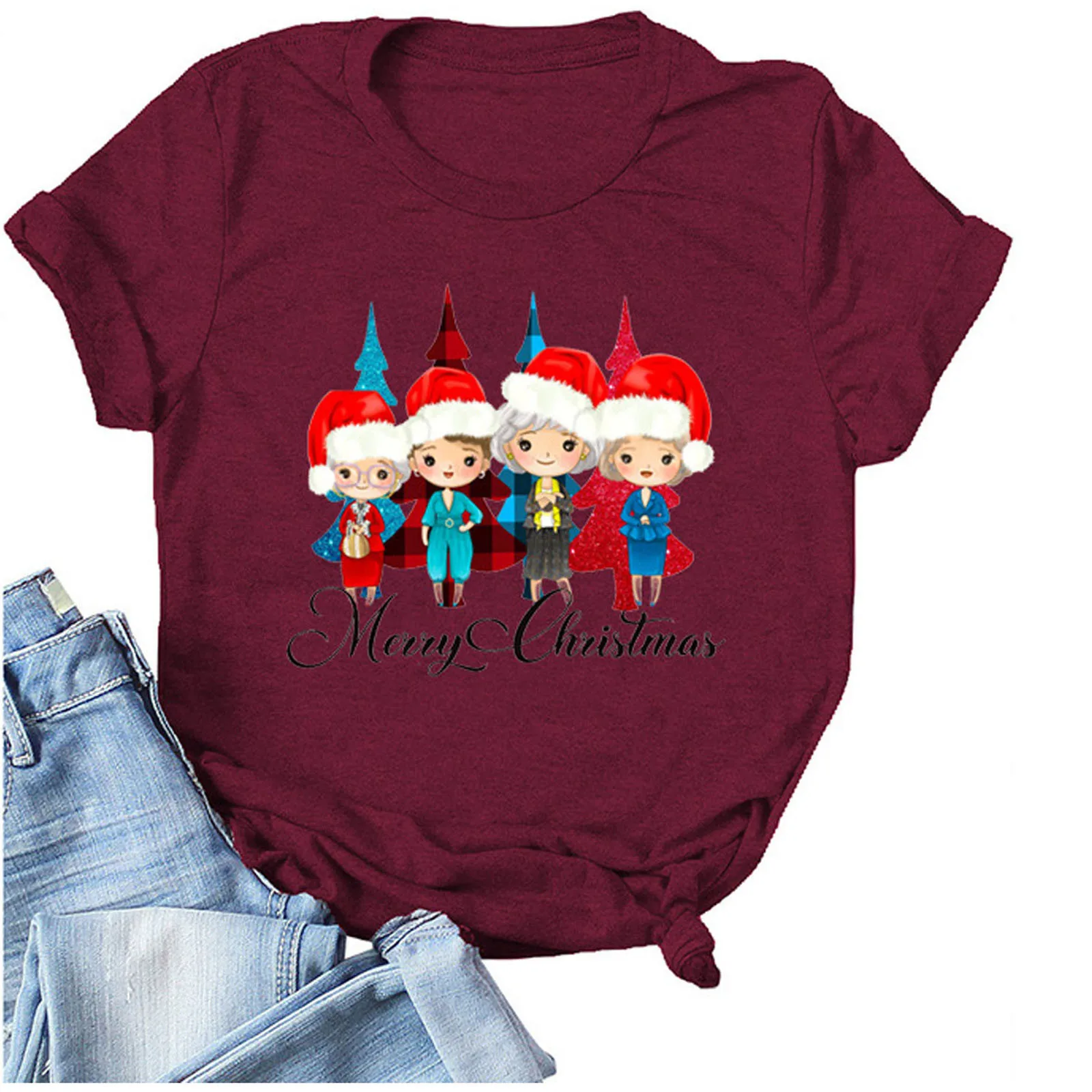 

Tops Short Women Christmas O-Neck Letter Printed Sleeves Blouse Base T-Shirt Women's Blouse