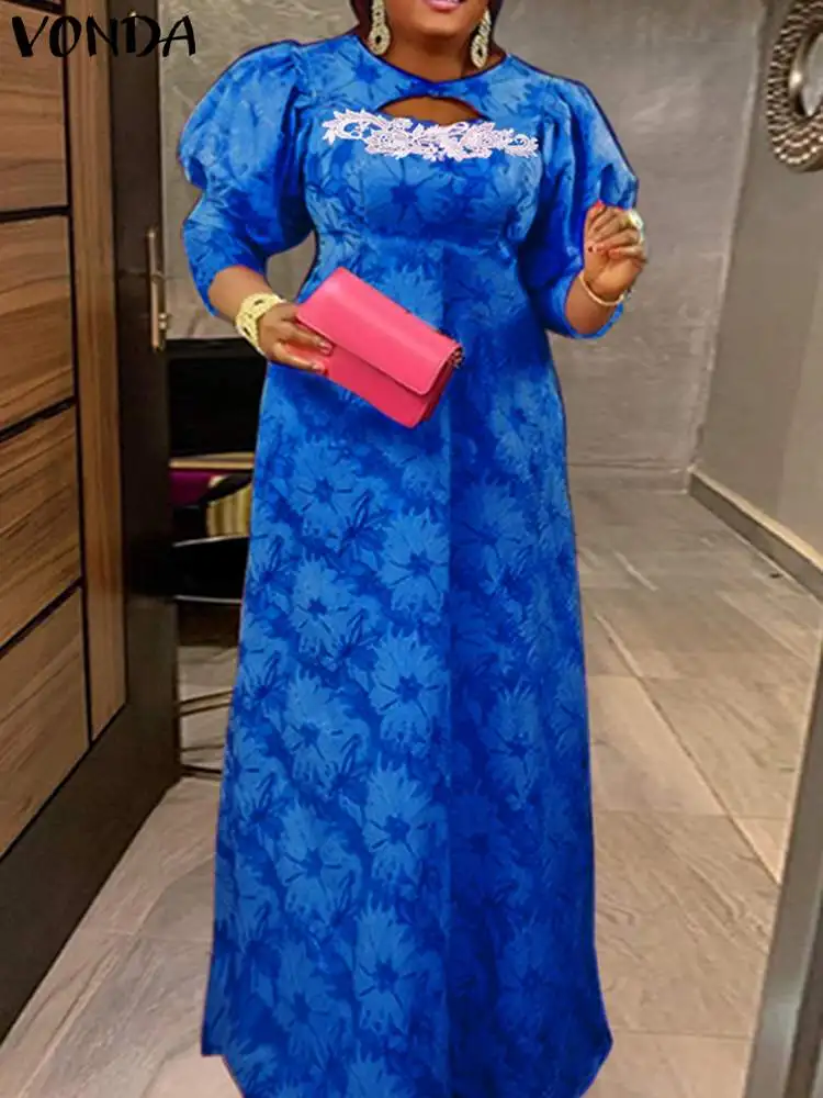 

VONDA Bohemian Maxi Printed Dress Women Loose Hollow Out Party Sundress 2023 Summer 3/4 Lantern Sleeve Casual Long Robe Femme