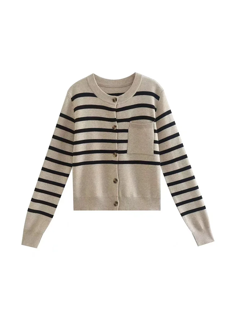 BBWM 2022 Autumn Women Fashion Striped Knitted Cardigan Casual Long Sleeve O Neck Single-breasted With Pocket Short Outerwear