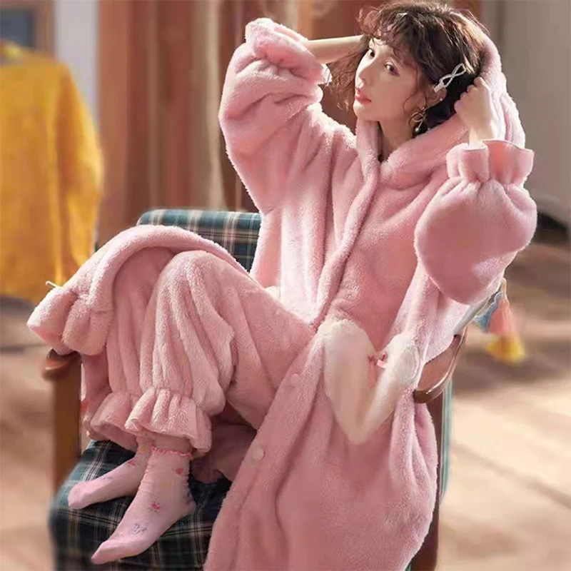 Winter Flannel Pajamas Set For Women Animal Thick Warm Sleepwear Hooded Nightgown With Pants Loose Pyjamas Suit Homewear Clothes